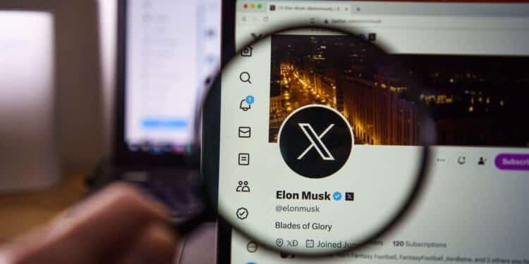 Kaunas, Lithuania - 2023 August 10: X twitter social network and Elon Musk account on screen