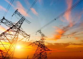 high voltage post.High-voltage tower sky background.