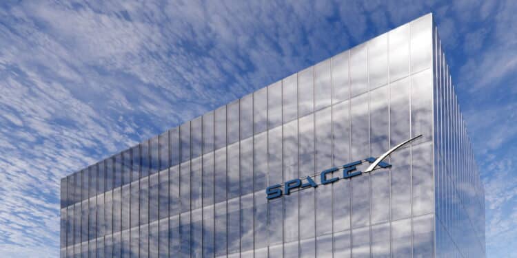 June 15, 2020, Editorial Use Only, 3D CGI. SpaceX Glowing Signage Logo on Top of Glass Building. Workplace in High-rise Office Headquarter at Day Time.