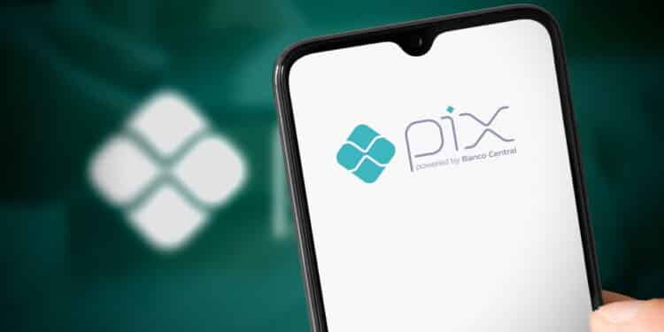 Pix app logo at smartphone screen. 6 Sep, 2021, Sao Paulo, Brazil.