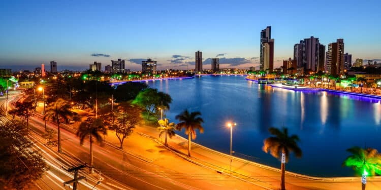 Campina Grande, Paraiba, Brazil on December 12, 2013. Night view of the old weir with buildings in the city center in the background.