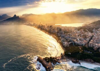 Sunset in Rio De Janeiro. Aerial view of  Ipanema.