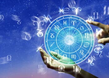 Astrological zodiac signs inside of horoscope circle. Astrology, knowledge of stars in the sky over the milky way and moon. The power of the universe concept.