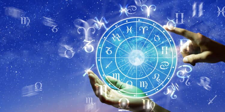 Astrological zodiac signs inside of horoscope circle. Astrology, knowledge of stars in the sky over the milky way and moon. The power of the universe concept.