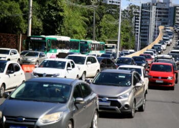 salvador, bahia, brazil - may 26, 2021: vehicles in a traffic jam near the construction of a BRT exclusive lane on Avenida ACM, in the city of Salvador.