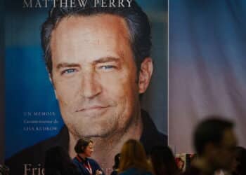 Bucharest, Romania - December 07, 2022: A large banner of Matthew Perry book "Friends, Lovers, and the Big Terrible Thing: A Memoir" at Gaudeamus book fair. This image is for editorial use only.