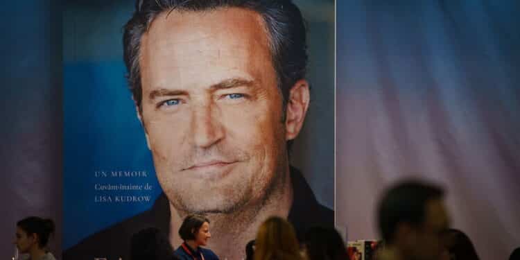 Bucharest, Romania - December 07, 2022: A large banner of Matthew Perry book "Friends, Lovers, and the Big Terrible Thing: A Memoir" at Gaudeamus book fair. This image is for editorial use only.