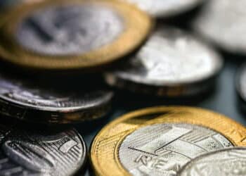 closeup of one real coin, money from brazil. Savings and savings coin.