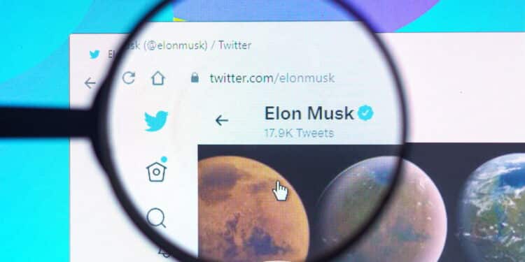 May 22, 2022, Brazil. In this photo illustration Elon Musk official Twitter profile seen on a computer screen through a magnifying glass