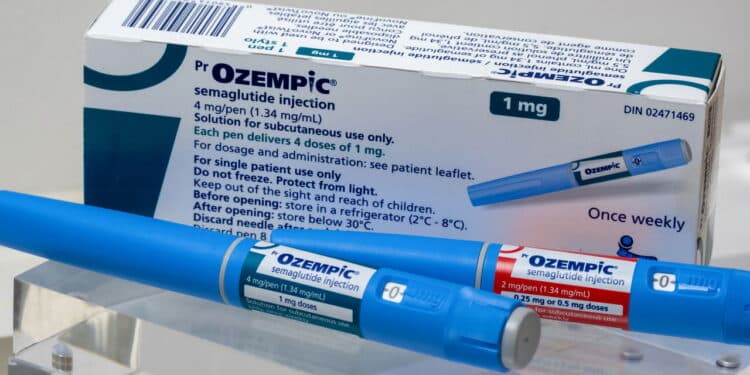 Montreal, CA - 16 November 2023: Ozempic semaglutide injection pens and box. Ozempic is a medication for obesity