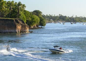 Pipa Beach Brazil. Boats in the late afternoon at Lagoa das Guarairas, Tibau do Sul, near Natal and Pipa beaches, Rio Grande do Norte, Brazil, on March 31, 2013.