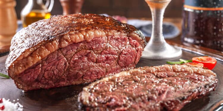 Grilled sliced cap rump steak with two glasses of beer on wooden cutting board. Marble meat beef (Brazilian picanha).