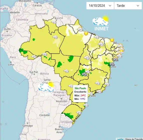 Confira a previsão para essa tarde de hoje. - Fonte: INMET