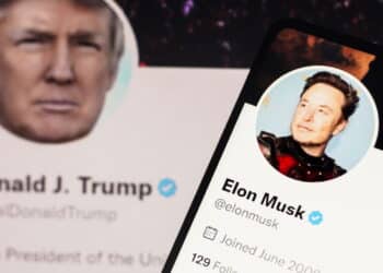 November 24, 2022, Brazil. In this photo illustration, the Donald Trump Twitter account displayed on a laptop screen and Elon Musk Twitter account displayed on a smartphone screen