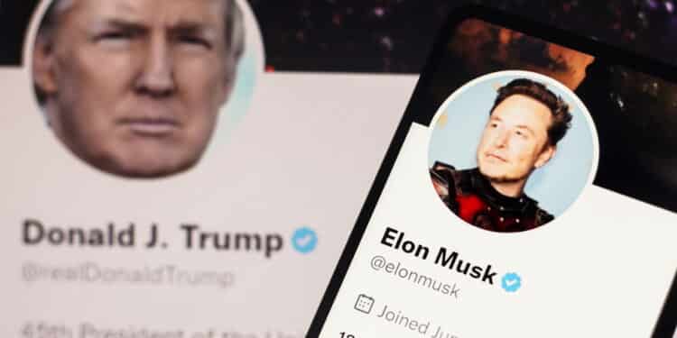 November 24, 2022, Brazil. In this photo illustration, the Donald Trump Twitter account displayed on a laptop screen and Elon Musk Twitter account displayed on a smartphone screen