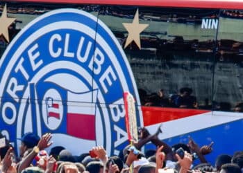 Salvador, Bahia, Brazil - April 01, 2018: Esporte Clube Bahia fans receiving the bus with Bahia players, at Fonte Nova Arena. Salvador, Bahia.