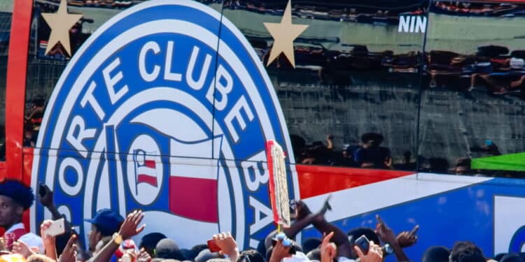 Salvador, Bahia, Brazil - April 01, 2018: Esporte Clube Bahia fans receiving the bus with Bahia players, at Fonte Nova Arena. Salvador, Bahia.