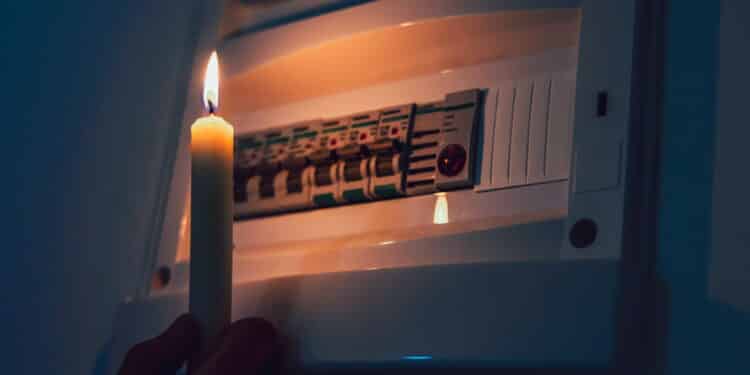 Energy crisis. Hand in complete darkness holding a candle to investigate a home fuse box during a power outage. Blackout concept.