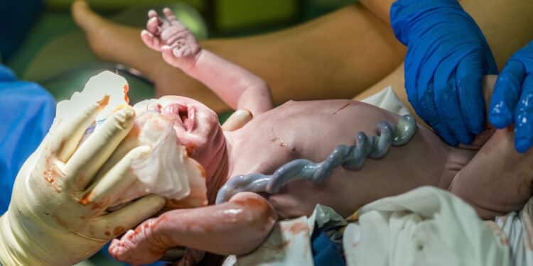 New born baby boy with umbilical cord assisted by midwife