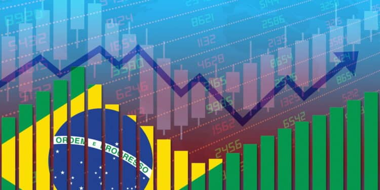 Flag of Brazil on bar chart concept of economic recovery and business improving after crisis such as Covid-19 or other catastrophe as economy and businesses reopen again.