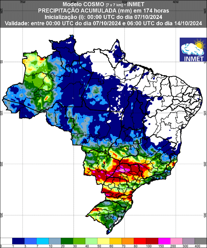 A distribuição de chuva pelo país segue desregulada essa semana. - Fonte: INMET