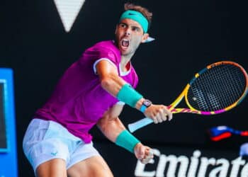 MELBOURNE, AUSTRALIA - JANUARY 23: Rafael Nadal of Spain in his match against Adrian Mannarino of France in the 2022 Australian Open at Melbourne Park on January 23, 2022 in Melbourne, Australia.