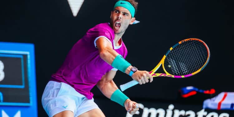 MELBOURNE, AUSTRALIA - JANUARY 23: Rafael Nadal of Spain in his match against Adrian Mannarino of France in the 2022 Australian Open at Melbourne Park on January 23, 2022 in Melbourne, Australia.