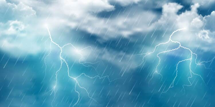 Realistic illustration of autumn night rain with thunderclouds and lightning on dark blue sky. Vector abstract background.