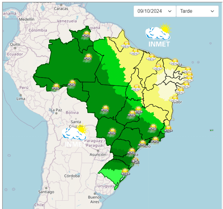 Confira o mapa de todo o país para hoje. - Fonte: Inmet