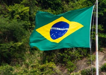 flag of brazil outdoors with green leaves in the background in rio de janeiro Brazil.