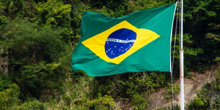 flag of brazil outdoors with green leaves in the background in rio de janeiro Brazil.