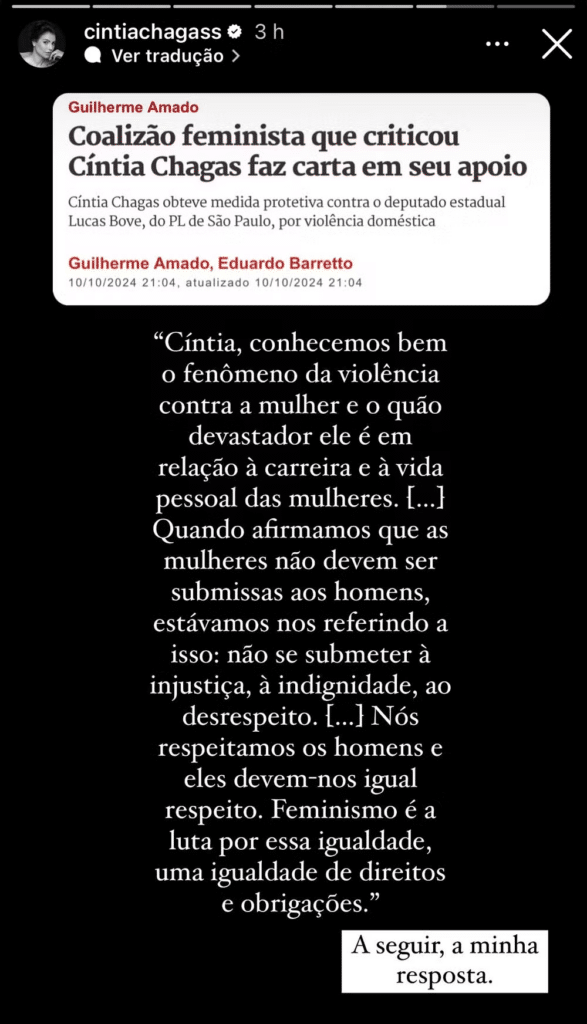 Cíntia Chagas se desculpa por declaração 'conservadora' após acusação contra ex-marido; entenda