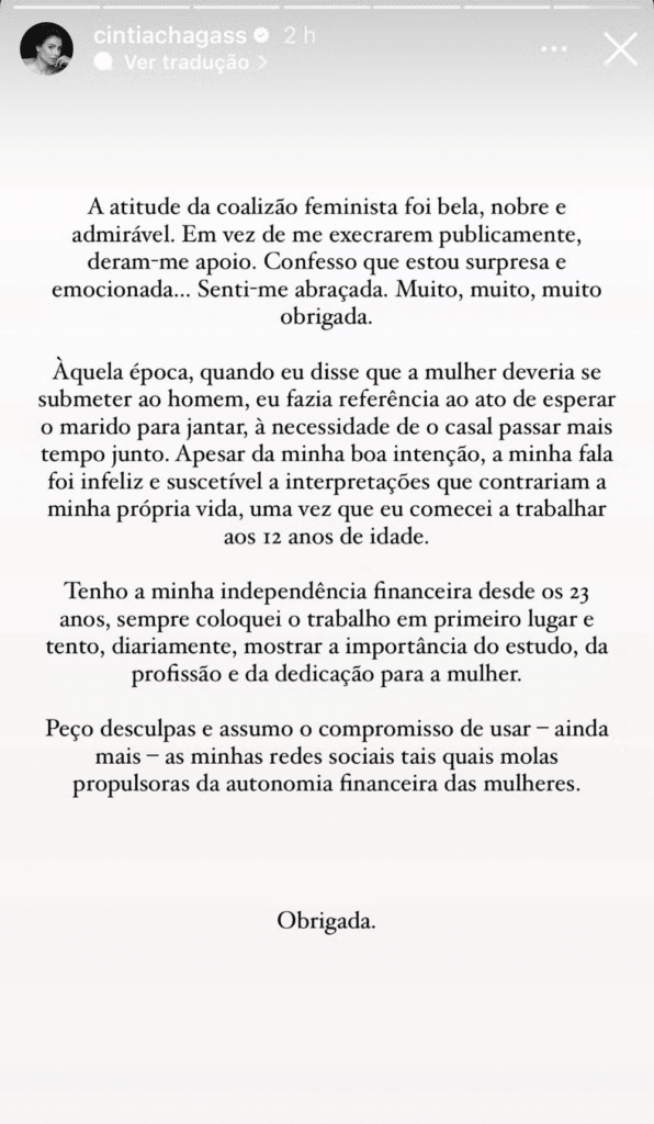 Cíntia Chagas se desculpa por declaração 'conservadora' após acusação contra ex-marido; entenda
