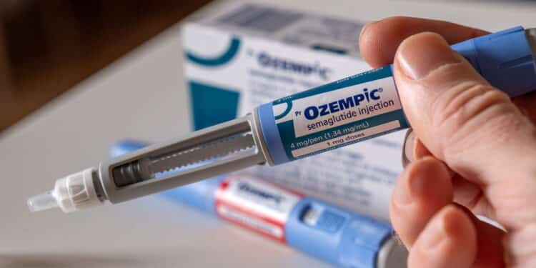 Montreal, CA - 25 November 2023: Hand holding Ozempic semaglutide injection pen. Ozempic is a medication for obesity