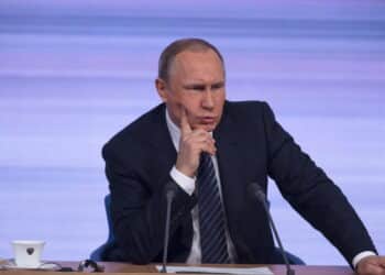 RUSSIA, Moscow: Russian President Vladimir Putin holds a press conference, addressing the nation's economic concerns and issues on the international agenda in front of Russian and international journalists on December 17, 2015 in Moscow.