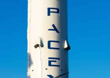 SpaceX sign logo on Falcon 9 rocket booster displayed at SpaceX headquarters. SpaceX is a private American aerospace manufacturer - Hawthorne, California, USA - 2020