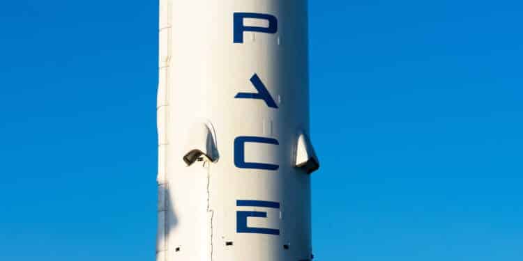 SpaceX sign logo on Falcon 9 rocket booster displayed at SpaceX headquarters. SpaceX is a private American aerospace manufacturer - Hawthorne, California, USA - 2020