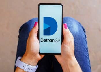 August 30, 2023, Brazil. In this photo illustration, the Detran SP logo is displayed on a smartphone screen