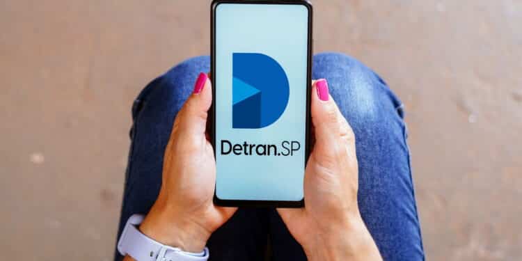 August 30, 2023, Brazil. In this photo illustration, the Detran SP logo is displayed on a smartphone screen