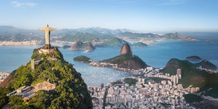 Aerial view of Rio with Corcovado Mountain, Sugarloaf Mountain and Guanabara Bay - Rio de Janeiro, Brazil