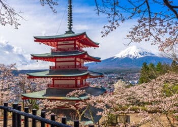 Mt. Fuji, Japan and Pagoda in springtime.