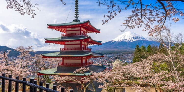 Mt. Fuji, Japan and Pagoda in springtime.