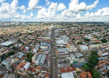 Aerial view of the Avenida Eduardo Elias Zahran avenue at Campo Grande MS, Brazil. Long two-way avenue with a large commercial area of the city.