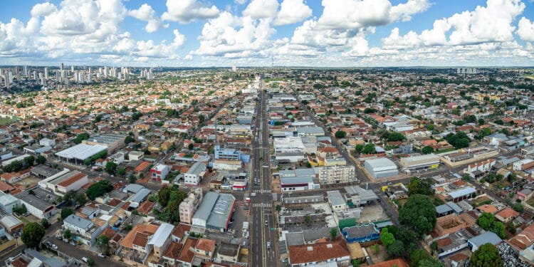 Aerial view of the Avenida Eduardo Elias Zahran avenue at Campo Grande MS, Brazil. Long two-way avenue with a large commercial area of the city.