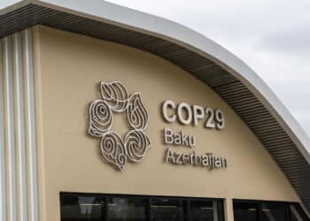 Baku, Azerbaijan - 14 Oct 2024: Cop29 logo and signage on the information center building. The 2024 United Nations Climate Change Conference, known as COP29, will be held in Baku
