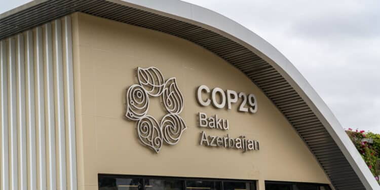 Baku, Azerbaijan - 14 Oct 2024: Cop29 logo and signage on the information center building. The 2024 United Nations Climate Change Conference, known as COP29, will be held in Baku