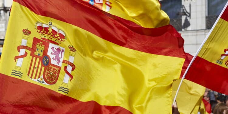 Spanish flags and coat of arms. Nation emblem. Spain