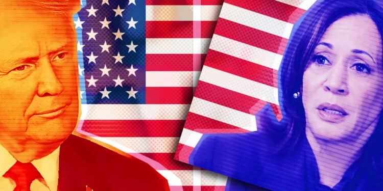 Photo collage with halftone effect. Photo illustration Portrait of Donald Trump and Kamala Harris against the background of the American flag.