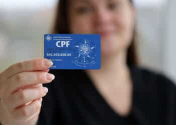 KYIV, UKRAINE - OCTOBER 31, 2023 Blue CPF card document template. The document guarantees authenticity and integrity in electronic communication between people in Brazil. Cadastro de Pessoa Fisica