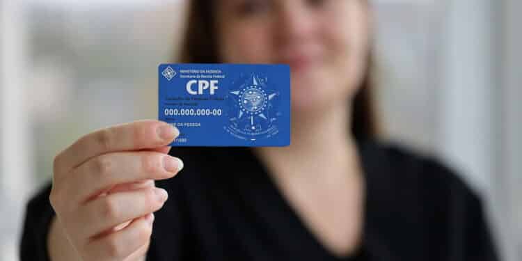 KYIV, UKRAINE - OCTOBER 31, 2023 Blue CPF card document template. The document guarantees authenticity and integrity in electronic communication between people in Brazil. Cadastro de Pessoa Fisica